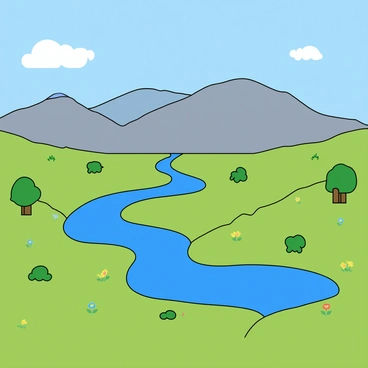 A flat design features a range of mountains in the background, depicted in shades of blue and gray. The mountains have gentle slopes and a few white, fluffy clouds scattered across a bright blue sky. In the foreground, a winding river is illustrated in a vibrant blue, flowing through a lush green valley. The valley is filled with patches of grass, dotted with small trees and colorful wildflowers. The overall composition highlights the smooth lines and bold colors typical of flat design.