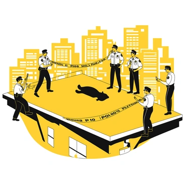 A rooftop scene featuring a crime scene with police tape marking off an area. In the center, a black silhouette of a body lies on the ground, outlined for investigation. Surrounding the scene are several police officers, dressed in black uniforms, examining the area. They are taking notes and talking to each other under the city's skyline. The background displays tall buildings with a sprawling city view, contributing to the feeling of height and distance from the street below. The sky is clear, allowing for visibility of the urban landscape.