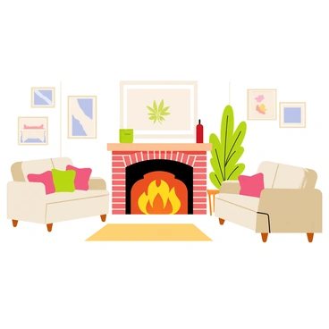 A charming living room with a warm lit fireplace in the center. The fireplace has a classic brick surround with flickering flames. Cozy furniture is arranged around the fireplace, including a fluffy beige sofa with colorful throw pillows and a wooden coffee table. A soft area rug in front of the fireplace adds warmth to the space. On the walls, there are framed pictures and a large window letting in soft, natural light. A tall indoor plant is placed in the corner, enhancing the homely atmosphere.