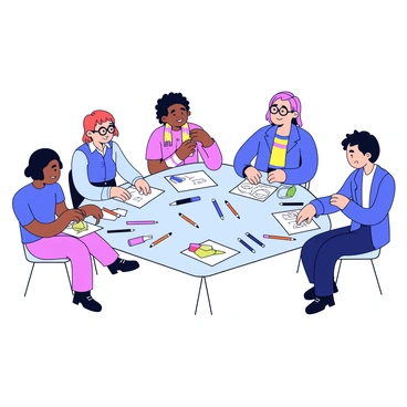 A group of five artists is gathered around a large rectangular table. Each artist is engaged in conversation, sharing thoughts and ideas. Scattered across the table are numerous sketches, showcasing various designs and concepts. The artists have different styles and appearances, with one wearing glasses and another with a colorful scarf. Various art supplies, including pencils and markers, are placed alongside the sketches. The atmosphere appears focused and collaborative.