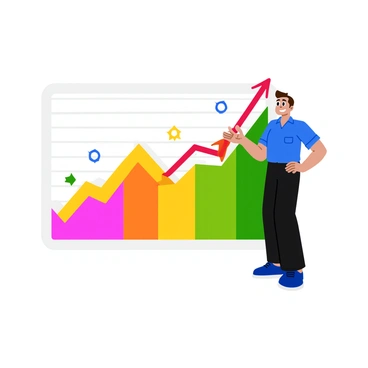 A person wearing a blue shirt and black pants stands confidently in front of a large chart. The chart is filled with vibrant colors and upward trends, illustrating significant progress over time. The background is white, drawing attention to the chart, which features bold lines and various markers indicating key milestones. The person is looking at the chart with a smile, suggesting a sense of accomplishment and positivity.