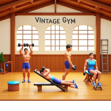 A vintage gym interior featuring wooden beams and large windows. There are several male and female athletes performing various early forms of dumbbell exercises. One athlete is lifting a pair of dumbbells overhead, showcasing strong muscles. Another is doing a bent-over row with dumbbells, focusing on posture. A third athlete is seated on a bench, performing a chest press. The athletes are dressed in traditional gym attire from the era, with high-waisted shorts and sleeveless tops. The floor is made of wooden planks, and there are old-fashioned gym equipment pieces in the background, such as rope ladders and medicine balls. "Vintage Gym" is prominently displayed on a banner in the background.