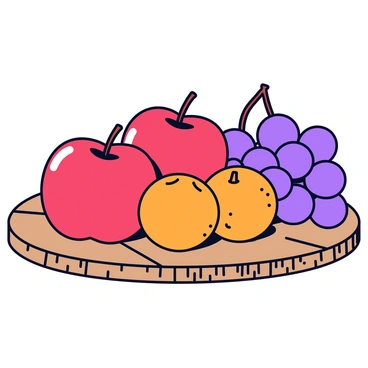 A still life arrangement featuring several fruits including red apples, purple grapes, and bright orange oranges. The apples are glossy with a vibrant red hue, positioned next to a cluster of grapes that hang in a natural curve. The oranges are textured with dimples, placed alongside the other fruits. The fruits are scattered across a rustic wooden table that has visible grains and knots, contributing to a warm and inviting atmosphere.