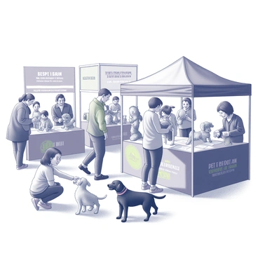 A vibrant pet adoption fair is taking place in a large park. Families are gathered around various booths, each featuring a selection of animals available for adoption. A young girl is kneeling down, gently petting a small puppy with floppy ears. Nearby, a boy is holding a fluffy kitten in his arms, while an adult is engaging with a dog that is wagging its tail excitedly. Colorful banners are displayed at each adoption booth, promoting different rescue organizations. The atmosphere is lively, with children laughing and animals playfully interacting with visitors. A few families are seen completing adoption forms, while others are enjoying refreshments from nearby tables.