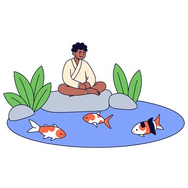 A person sitting cross-legged on a smooth rock beside a koi pond. The person is wearing a simple light-colored robe. Around them, colorful koi fish with orange, white, and black patterns are swimming gracefully in the clear water of the pond. The pond's surface is slightly rippled, reflecting the blue sky above. Lush green plants are positioned around the pond, providing a serene atmosphere.