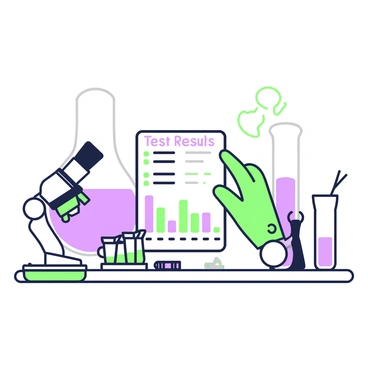 A hand is holding a printed test result paper. The paper features clear indicators, such as bold letters and graphs. Surrounding the hand, there are various lab tools. There is a microscope on the left, with its eyepiece facing the viewer. Next to it, there is a set of measuring cups stacked neatly. On the right side of the hand, a pair of tweezers is laying on a clean surface. In the background, a beaker filled with liquid stands tall, adding to the laboratory setting.