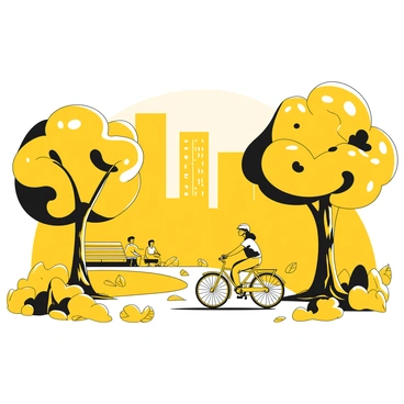 A person riding a bicycle along a path in a park. The cyclist is wearing a helmet and casual clothing. The trees around the park are filled with yellow leaves, creating a canopied effect. There are benches alongside the path, some occupied by people enjoying the scenery. In the background, a skyline of tall buildings is visible, peeking through the branches. The ground is covered with a layer of fallen leaves, adding to the autumn atmosphere.