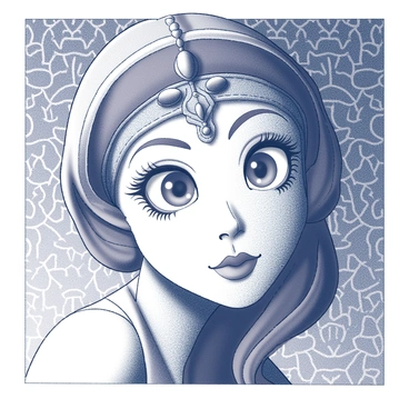 A close-up of a woman's face, focusing on her eyes that convey a sense of mystery. Her eyes are framed by a decorative headpiece that features ornate details and embellishments. The background includes intricate patterns that enhance the overall composition. The texture of her skin is visible, showcasing a soft glow around her eyes, emphasizing their depth and allure. The headpiece rests elegantly on her head, complementing her facial features. The patterns in the background are complex and detailed, adding to the enigmatic quality of the image.
