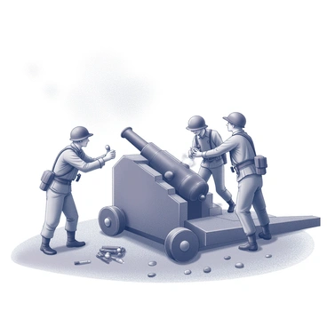 A group of soldiers working together to prepare a cannon for firing. The crew is busy loading cannonballs into the cannon's barrel. One soldier is seen holding a fuse, ready to ignite it, while another adjusts the cannon's elevation. Smoke billows around them, creating a dynamic atmosphere. The ground is littered with spent cartridges and other equipment. In the background, the scene captures the tension and urgency of battle preparations, with soldiers focused on their tasks amidst the chaotic noise of artillery fire.