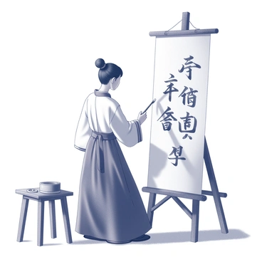 An artist is positioned in front of a large scroll, carefully applying brushstrokes of black ink as they paint intricate Korean calligraphy. The artist holds a traditional brush with a steady hand, concentrating on each character. The scroll is displayed upright on a wooden easel, allowing the viewer to appreciate the detailed composition. The artist's attire consists of a simple, elegant hanbok, whose folds suggest a sense of movement. Soft natural light illuminates the scene, enhancing the texture of the scroll and the fluidity of the ink. The surrounding space features traditional Korean elements, such as a small wooden table with art supplies neatly arranged, including a modest inkstone and a palette.