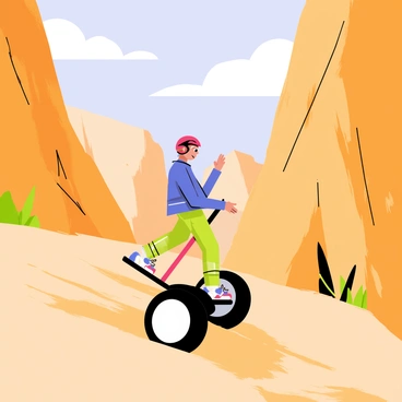 An adventurous rider wearing a bright red helmet is skillfully maneuvering a Segway over uneven, rocky terrain in a canyon. The Segway has large black wheels, and the rider is dressed in a blue jacket and protective gear. Surrounding the rider are steep canyon walls with rugged, brown rocks and patches of green vegetation. The sky above is clear with a few white clouds, and sunlight casts shadows on the uneven ground, highlighting the excitement of the ride.
