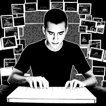 A hacker is depicted in a focused stance, surrounded by multiple floating digital screens displaying various codes and data. The hacker has short hair and wears casual black clothing. Their hands are moving quickly over a holographic keyboard that projects light, illuminating their expression of concentration. The screens are arranged in an array around them, showcasing graphs, numbers, and symbols, creating a high-tech atmosphere. The overall composition emphasizes the intense interaction between the hacker and the digital environment.