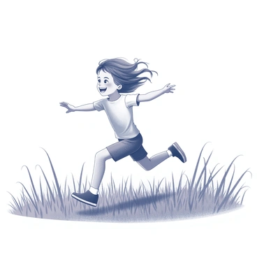 A child is running joyfully through a field of tall grass. The child's arms are stretched out wide, enjoying the sensation of freedom. Their hair flows gracefully in the wind, creating a dynamic movement. The grass around the child sways gently, emphasizing the motion of running. The scene captures a sense of playfulness and energy, with the child at the center of the vibrant, undulating grass.