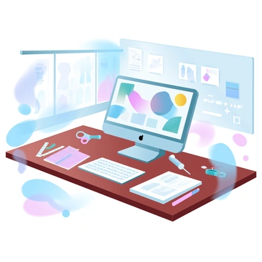 A fashion designer's workspace features a sleek computer displaying vibrant CAD designs on its screen. Around the computer, there's a large wooden table cluttered with colorful fabric swatches and sketchbooks filled with design ideas. Scissors and measuring tape are scattered across the surface, alongside a few fashion magazines. A large bulletin board on the wall is pinned with inspiration images and notes. The workspace is well-lit with natural light streaming in from a nearby window, illuminating the creative atmosphere.