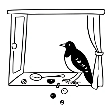 A magpie taking shiny objects from an open window sill