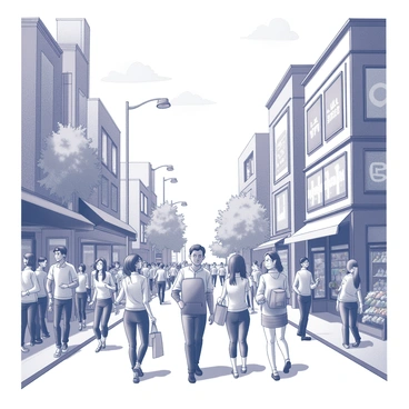 A bustling urban street filled with animated characters. The scene features a variety of people walking, engaged in different activities such as chatting, shopping, and enjoying street food. Some characters are interacting with each other, creating a lively atmosphere. There are tall buildings on either side of the street, with storefronts displaying various products. The sky above is clear, and a few fluffy clouds can be seen. Streetlights and trees are interspersed along the sidewalk. The overall composition captures the energy and activity of city life.