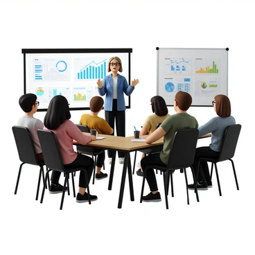 A teacher with light brown hair tied in a bun, wearing glasses, and dressed in a blue blouse and black trousers is standing at the front of a modern classroom. The classroom has a large interactive whiteboard displaying charts and graphs related to fintech concepts. The teacher is gesturing with one hand while holding a marker in the other, engaging a group of students seated at desks. The students, a diverse group of young individuals, appear focused and are taking notes. The walls of the classroom are decorated with educational posters related to finance and technology. The atmosphere is lively and studious.