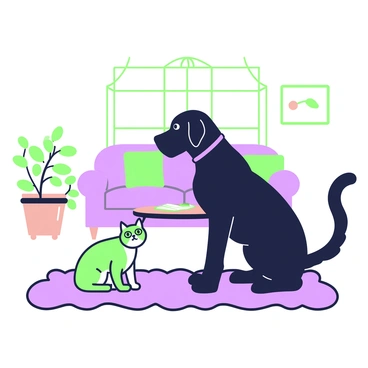 A black Labrador is sitting on a plush rug in a living room. Its tail is wagging gently as it looks at a curious cat sitting nearby. The cat, with its green eyes wide open, is cautiously approaching the dog. In the background, there is a comfortable couch with colorful throw pillows, a small coffee table with a few magazines, and a houseplant in the corner. Soft sunlight filters through the window, casting a warm glow over the scene.