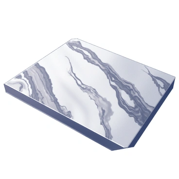 A marble countertop is displayed prominently, showcasing its swirling patterns that create a dynamic visual effect across the surface. The texture of the countertop is smooth, reflecting light subtly. The edges of the countertop are polished, highlighting its craftsmanship. Shadows and highlights accentuate the intricate details of the marble, emphasizing its natural beauty.
