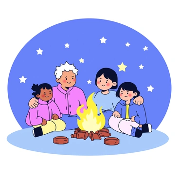 A family of four is sitting close together around a glowing campfire. The parents are on either side of their two children, enjoying the warmth of the flames. The children are wearing cozy jackets, while the parents are wrapped in blankets. Above them, a clear night sky is filled with numerous twinkling stars. The campfire's light casts gentle shadows on their faces, highlighting their smiles. The ground is covered with a patch of grass, and there are a few logs arranged around the fire.