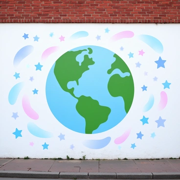 A large mural covers a city wall, featuring "Earth" prominently in the center. The planet is detailed with blue oceans and green landmasses, showcasing a mix of continents. Surrounding "Earth" are numerous "stars" in various sizes, scattered across the backdrop of the mural. The stars are depicted in a gradient of pastel colors, creating a soft and harmonious atmosphere. The wall is textured with bricks, providing a contrasting backdrop to the vibrant colors of the mural.