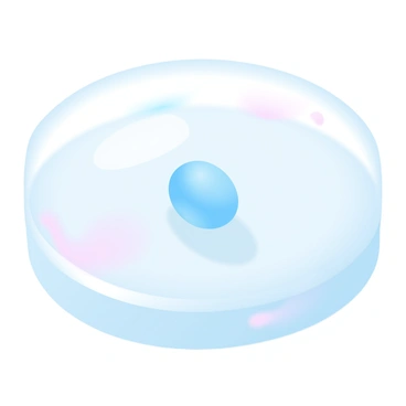 A single cell is resting in the center of a clear petri dish. The cell is round and has a smooth, translucent membrane. Surrounding the cell, the dish is filled with a light, transparent culture medium that reflects soft pastel colors. The background is blurred, emphasizing the solitary cell in the dish. Light gently illuminates the scene, casting subtle shadows that enhance the delicate appearance of the cell.