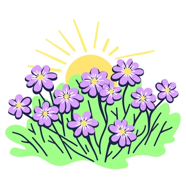 A field of Mayflowers is spread across the ground, each flower blooming with numerous petals. The flowers are vibrant and plentiful, surrounded by lush green leaves. In the background, the sun is setting, casting a warm glow that illuminates the scene. The light creates soft shadows and highlights the delicate features of the flowers. The sky above displays a gradient transitioning from light to dark as the day ends. A gentle breeze rustles the petals, adding a sense of movement to the tranquil composition.