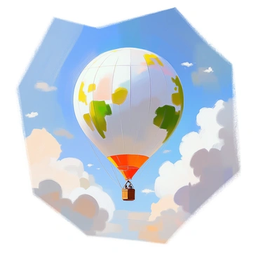 A large, round balloon shaped like "Earth" is soaring through a bright blue sky. The balloon is detailed with realistic representations of continents and oceans, showcasing vibrant greens and blues. Fluffy white clouds drift lazily in the background, enhancing the sense of height and openness. The sun casts soft, warm light on the balloon, adding depth to its colors and features. The scene evokes a feeling of whimsy as the Earth balloon floats peacefully in the expansive sky.