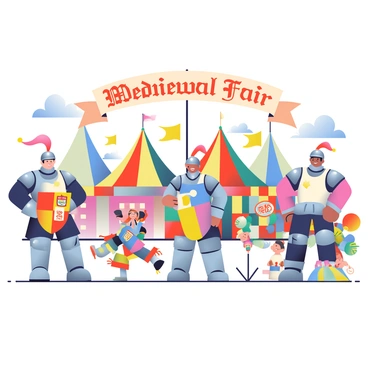 A lively medieval fair is depicted with colorful tents and stalls set up in the background. In the foreground, a group of knights in shining armor are standing proudly, some holding shields featuring various crests. Nearby, jesters in vibrant costumes with bells on their hats are performing tricks and entertaining the crowd. Children are laughing and watching in delight. There are banners fluttering in the wind, and a large banner hangs above the fairground with the words "Medieval Fair" in ornate lettering. The scene is filled with various activities, including archery targets and a small jousting arena, creating a bustling and cheerful atmosphere.