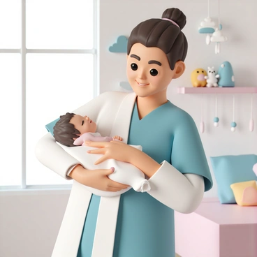 A nurse, wearing blue scrubs and a white lab coat, is gently cradling a newborn baby wrapped in a soft white blanket. The baby has a tiny head of dark hair and is peacefully sleeping with its eyes closed. The nurse is smiling softly, looking down at the baby with warmth and care. The maternity ward is filled with soft pastel colors, including light pinks and baby blues on the walls. There are small decorations such as cloud-shaped mobiles hanging from the ceiling, and a few plush toys on a nearby shelf. A window allows soft natural light to illuminate the scene, creating a warm and inviting atmosphere.