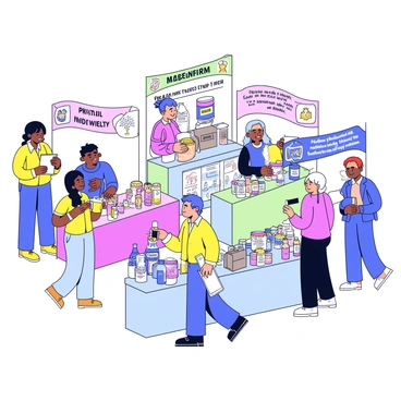 A lively midwifery fair with several colorful booths. Each booth displays a variety of health products, including prenatal vitamins, natural skincare items, and baby care essentials. There are banners above each booth highlighting the services offered, such as prenatal yoga classes and postpartum support groups. Attendees are engaging with vendors, gathering informative brochures, and participating in discussions about maternal health. The atmosphere is filled with vibrant colors and friendly interactions among participants.
