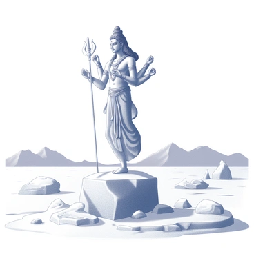 A towering ice sculpture of "Shiva" stands prominently in a vast arctic landscape. The sculpture features intricate details, showcasing "Shiva" with multiple arms, each delicately carved to represent various attributes. The surrounding landscape consists of expansive snowy plains, dotted with icebergs and frost-covered rocks. In the distance, jagged mountains rise against the clear sky, adding a sense of scale to the scene. The icy texture of the sculpture glistens in the bright light, creating a striking contrast against the stark white of the snow.