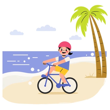 A young child wearing a bright red helmet is riding a blue bicycle along a sandy beach path. The child has a big smile on their face, enjoying the ride. In the background, there are gentle waves crashing against the shore, creating white frothy bubbles. The sky is clear with a few fluffy white clouds scattered across it. Tall palm trees line the side of the path, swaying slightly in the breeze. Sunlight glistens on the water, adding a shimmering effect to the scene.