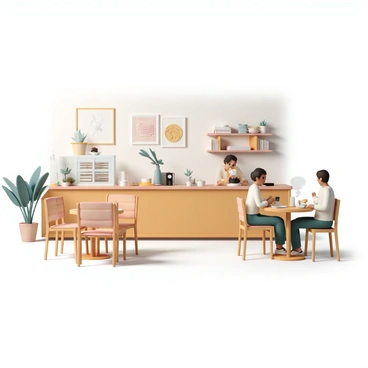 A cozy cafe interior with warm, soft lighting that creates a comfortable atmosphere. Wooden tables and chairs are arranged neatly, some with people sitting quietly, reading or working on laptops. There are potted plants placed near the windows, adding a touch of greenery. The counter displays an assortment of baked goods and coffee cups steam in the air. The walls are adorned with minimalist art, and shelves filled with books are present, enhancing the serene ambiance.