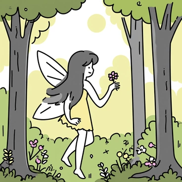 A fairy with shadowy wings is hovering amidst the dense foliage of an ancient forest. The fairy has long flowing hair and wears a shimmering, ethereal dress that blends with the surrounding greenery. Sunlight filters through the high canopy, creating dappled patterns on the forest floor. The trees are tall and gnarled, covered with moss, while various plants and flowers thrive around the base. The fairy is reaching out to touch a brightly colored flower, highlighting the magical essence of her exploration.