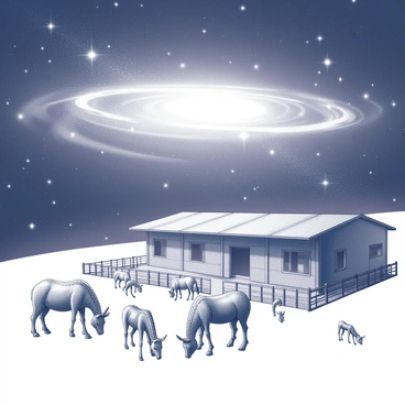 A ranch structure floats in space, surrounded by stars. The ranch is constructed with large panels and has a sturdy fence enclosing it. Various unique space animals are grazing in the open area. Some animals resemble a blend of familiar terrestrial creatures with peculiar features, such as elongated limbs, shimmering fur, or unusual markings. Above them, a glowing nebula stretches across the sky, providing a vibrant backdrop to the scene. The nebula consists of swirling patterns and forms, illuminating the ranch and the grazing animals with a soft, ethereal light.