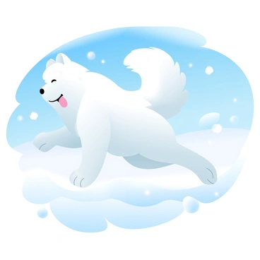 A fluffy Samoyed happily playing in a snowy landscape under a clear blue sky