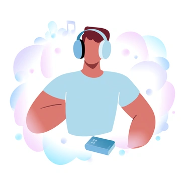 A young person with short hair is wearing large headphones over their ears. Their body is relaxed, with arms hanging loosely at their sides. The person is surrounded by a soft, gradient background with pastel colors blending into each other. Musical notes are illustrated floating around them, suggesting the rhythm of the music. A small portable music player is placed on the ground nearby.