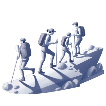 A group of four friends is hiking up a steep mountain trail. Each person is wearing sturdy hiking boots and fitted outdoor clothing, emphasizing their strong legs and arms as they climb. One friend is leading the group, using trekking poles for support, while another is taking a moment to drink water from a canteen. The third friend is reaching out to a nearby rock for balance, while the last person is looking ahead, focusing on the path. The rocky terrain is scattered with sparse vegetation and a few boulders, illustrating the challenges of the hike. The sky above is clear, indicating a sunny day.