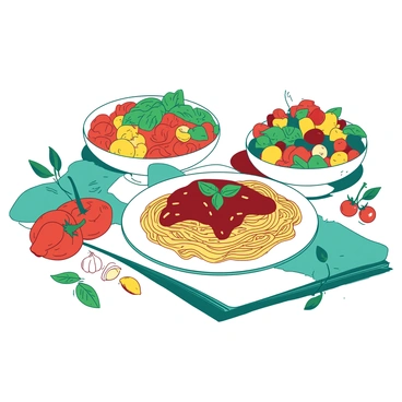 A teal frontispiece features an array of delicious dishes beautifully arranged on a white table. In the center, there is a large white plate filled with spaghetti topped with a rich red marinara sauce and garnished with fresh basil. Surrounding the plate, there are colorful side dishes, including a vibrant orange salad with mixed greens and cherry tomatoes. Fresh ingredients, such as bright red bell peppers, yellow garlic cloves, and green herbs, are scattered artistically around the table. The background is softly blurred, highlighting the focus on the dishes and ingredients.