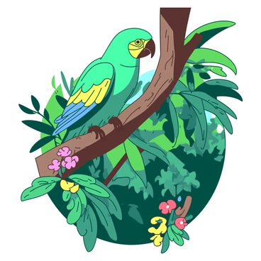 A teal parrot is perched on a thick brown branch of a tall tree in a rainforest. The parrot has vibrant green feathers with splashes of yellow and blue on its wings. Surrounding the branch, there are large green leaves and colorful tropical flowers, adding to the lush environment. In the background, there are hints of other trees and dense foliage, indicating the richness of the rainforest ecosystem. Sunlight filters through the leaves, creating dappled light on the parrot and the branch.