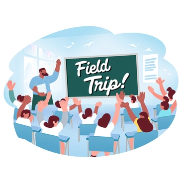 A classroom setting where a teacher is announcing a long-awaited field trip with excited students.