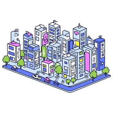 A bustling cityscape filled with tall buildings. Each building is uniquely shaped to resemble different social media platform logos. The skyline showcases a variety of colors and designs, reflecting the distinctiveness of each logo. The streets below are busy with small vehicles and pedestrians moving around. There are trees lining the sidewalks, adding a touch of green to the urban environment. Bright signs and advertisements can be seen on the sides of the buildings, creating a vibrant atmosphere.