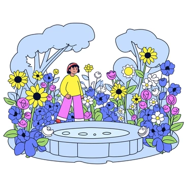 A hidden garden scene where Mrs. Dalloway finds solace among blooming flowers and gentle fountains.