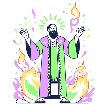 A prophet stands with arms raised in a powerful stance, witnessing a vision amidst swirling flames and embers. The prophet is dressed in flowing robes, with intricate patterns along the edges. Their face displays a mix of awe and determination, illuminated by the fiery glow. Surrounding the prophet, flames twist and dance in a chaotic yet mesmerizing manner, while embers float through the air like fireflies. The background is filled with hints of smoke and light, enhancing the dramatic atmosphere of the scene.