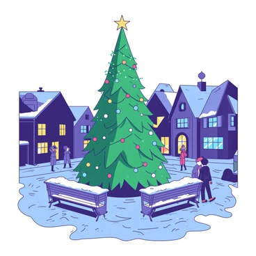 A large outdoor Christmas tree stands tall in the center of a town square, adorned with colorful lights that sparkle brightly against the evening sky. The tree is decorated with various ornaments, creating a festive atmosphere. Surrounding the tree are snow-covered benches and a cobblestone pathway. In the background, charming buildings with frosted windows add to the holiday scene, while a few people dressed in warm winter clothing walk nearby, admiring the dazzling display.