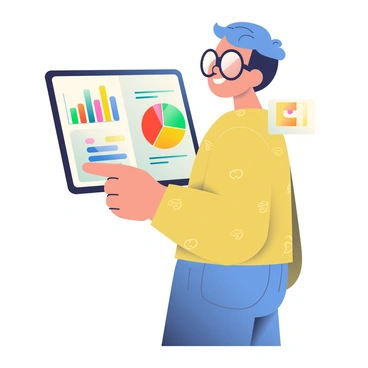 An animated character with large round glasses and short blue hair is standing beside a digital tablet. The character is smiling as they point at colorful diagrams and charts displayed on the tablet screen. The charts include a pie chart with vibrant sections in red, yellow, and green, and a bar graph with bright blue and orange bars. The background features a soft gradient that complements the colors of the diagrams. The character is wearing a yellow shirt with a playful pattern and blue jeans. Bright light reflects off the tablet, emphasizing the clarity of the displayed mathematical formula.