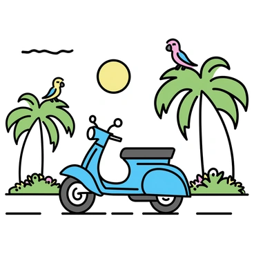 A big moped cruising through a tropical paradise with palm trees and parrots overhead