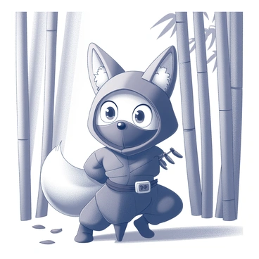 A cartoon fox with large, expressive eyes is dressed in a traditional ninja outfit, complete with a mask covering its snout and a belt holding shurikens. The fox is crouched low, its body poised for stealth, with one paw gently touching the ground. Surrounding the fox is a dense bamboo forest, with tall, slender bamboo stalks creating a lush, green backdrop. The ground is covered in fallen leaves and subtle shadows play across the scene, enhancing the sense of stealth and secrecy in its movement.