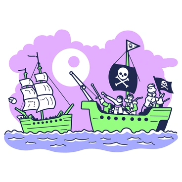 Two pirate ships engaged in an epic battle under a moonlit sky